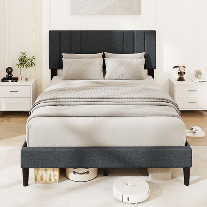 Faux Linen Upholstered Bed Frame with Channel Tufted Headboard and Sturdy Wood Slats – Full Size