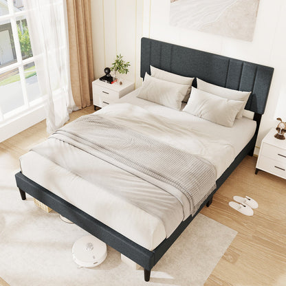 Faux Linen Upholstered Bed Frame with Channel Tufted Headboard and Sturdy Wood Slats – Queen Size