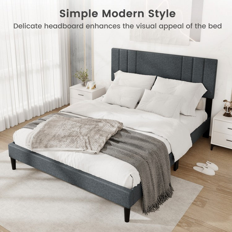 Faux Linen Upholstered Bed Frame with Channel Tufted Headboard and Sturdy Wood Slats – Queen Size
