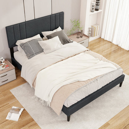 Faux Linen Upholstered Bed Frame with Channel Tufted Headboard and Sturdy Wood Slats – Queen Size