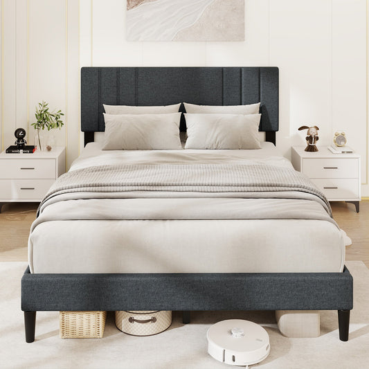 Faux Linen Upholstered Bed Frame with Channel Tufted Headboard and Sturdy Wood Slats – Queen Size