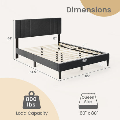 Faux Linen Upholstered Bed Frame with Channel Tufted Headboard and Sturdy Wood Slats – Queen Size