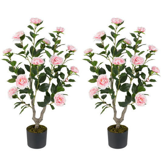 36 Inch Artificial Camellia Tree with Vibrant Blooming Flowers - Set of 2
