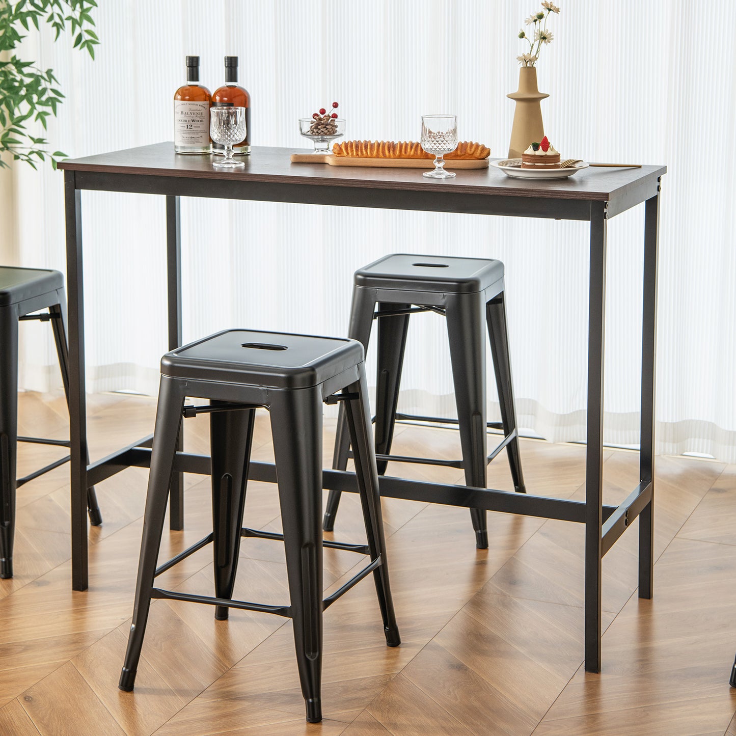 Set of 4 Tolix Style 24 Inch Counter Height Bar Stools Stackable Metal Chairs in Black Finish