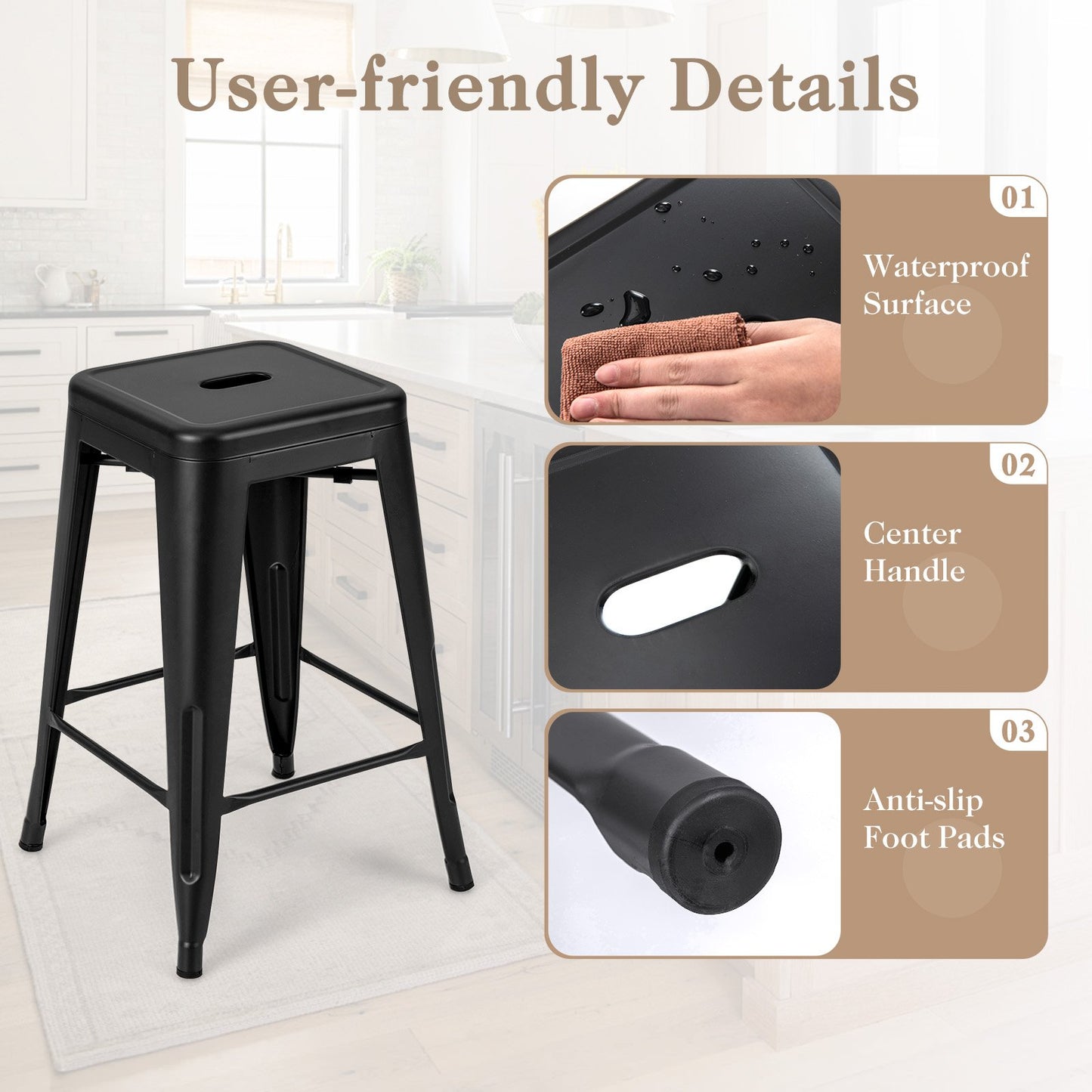 Set of 4 Tolix Style 24 Inch Counter Height Bar Stools Stackable Metal Chairs in Black Finish