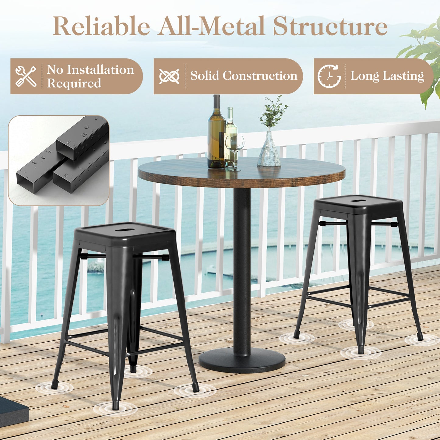 Set of 4 Tolix Style 24 Inch Counter Height Bar Stools Stackable Metal Chairs in Black Finish