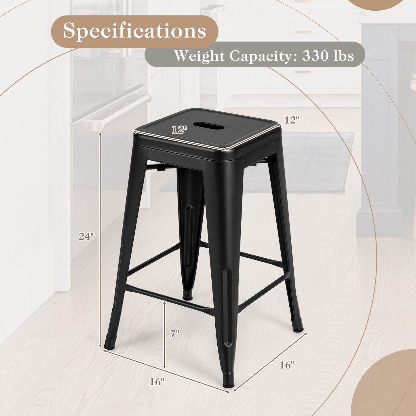 Set of 4 Tolix Style 24 Inch Counter Height Bar Stools Stackable Metal Chairs in Black Finish