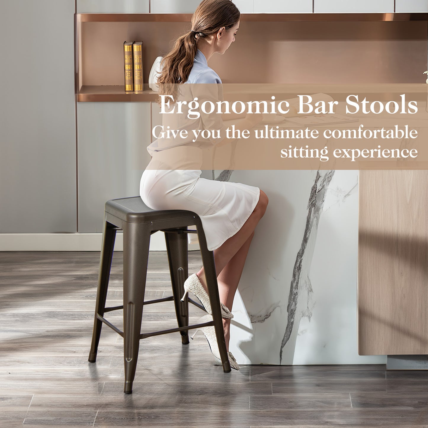 Set of 4 Tolix Style 24 Inch Counter Height Bar Stools Stackable Metal Chairs in Gunmetal Finish