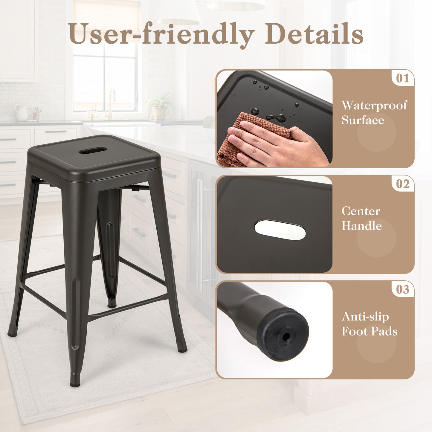 Set of 4 Tolix Style 24 Inch Counter Height Bar Stools Stackable Metal Chairs in Gunmetal Finish