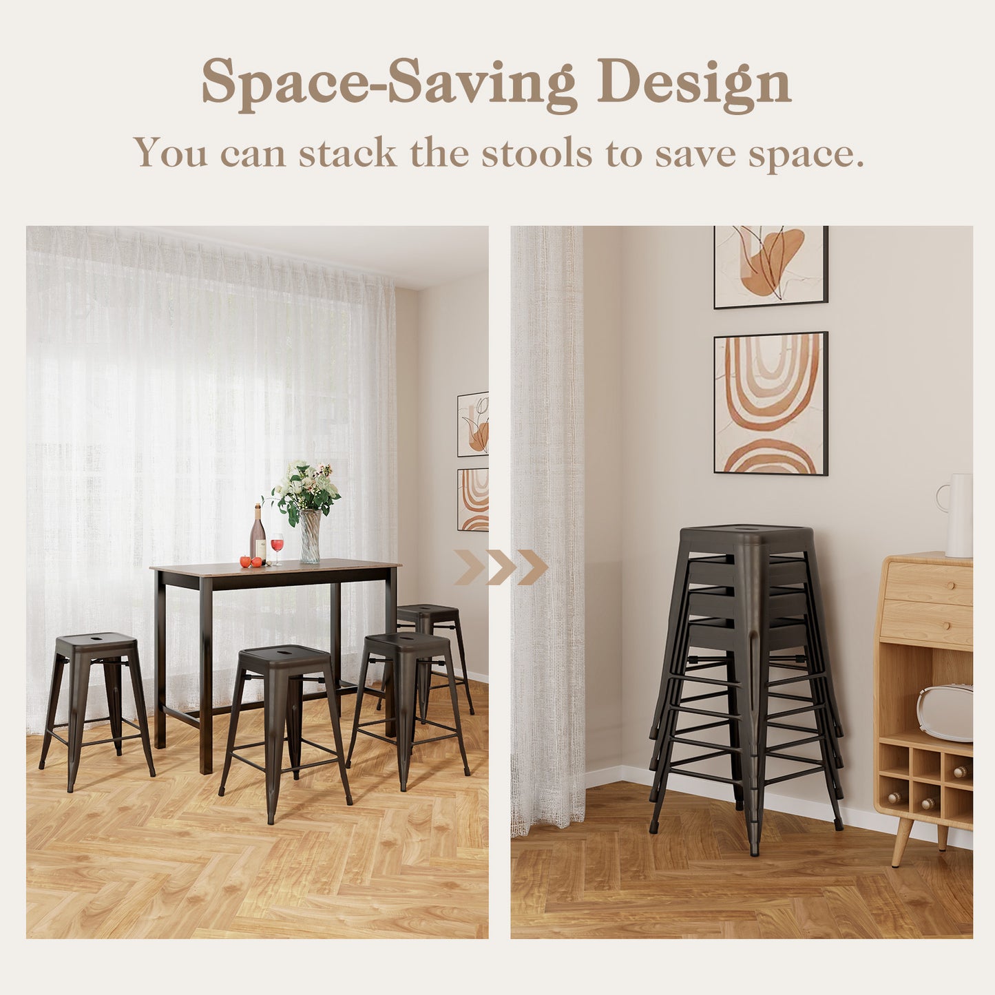 Set of 4 Tolix Style 24 Inch Counter Height Bar Stools Stackable Metal Chairs in Gunmetal Finish