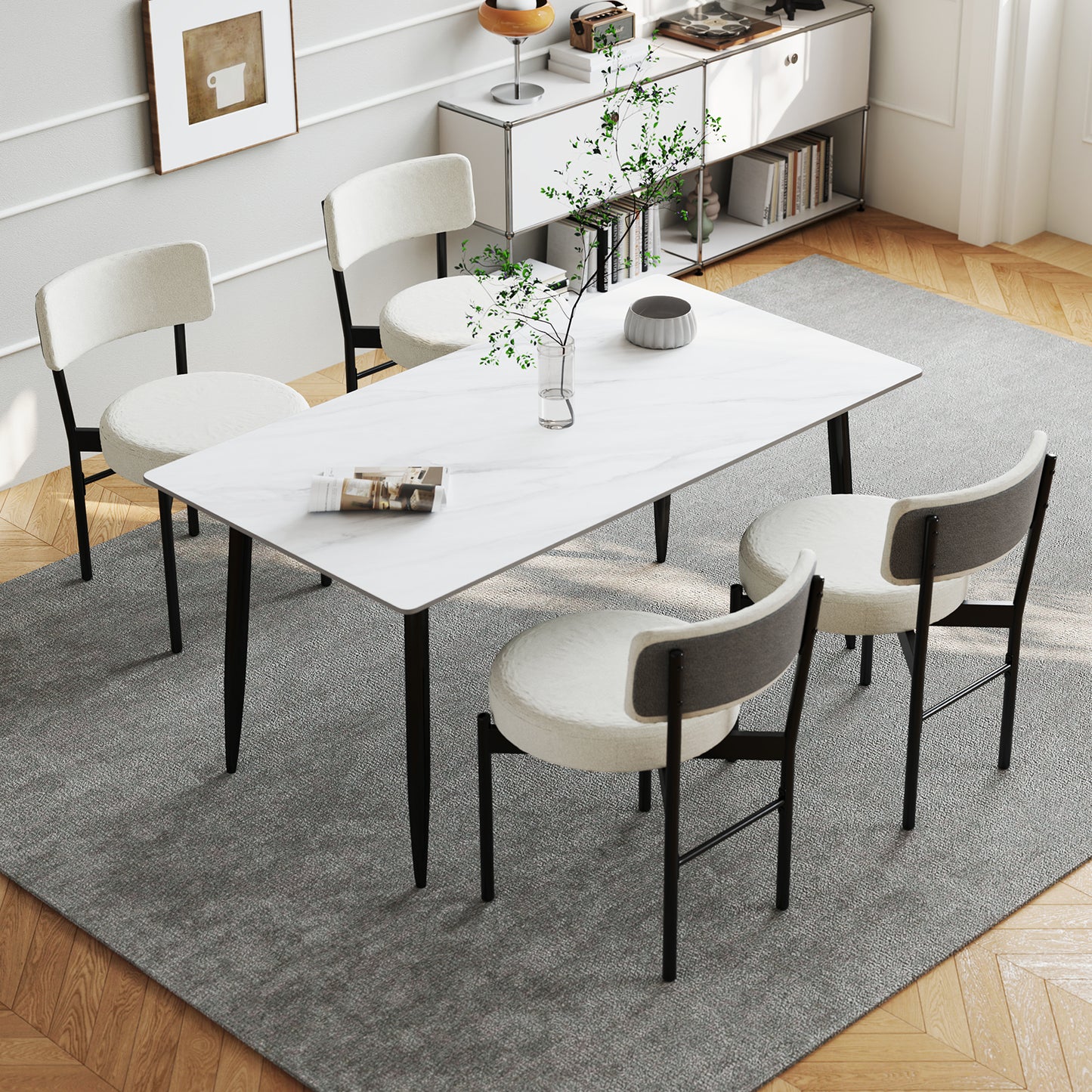 Sherpa Upholstered Dining Chairs Set of 2 with Curved Backrest and Padded Seat - White