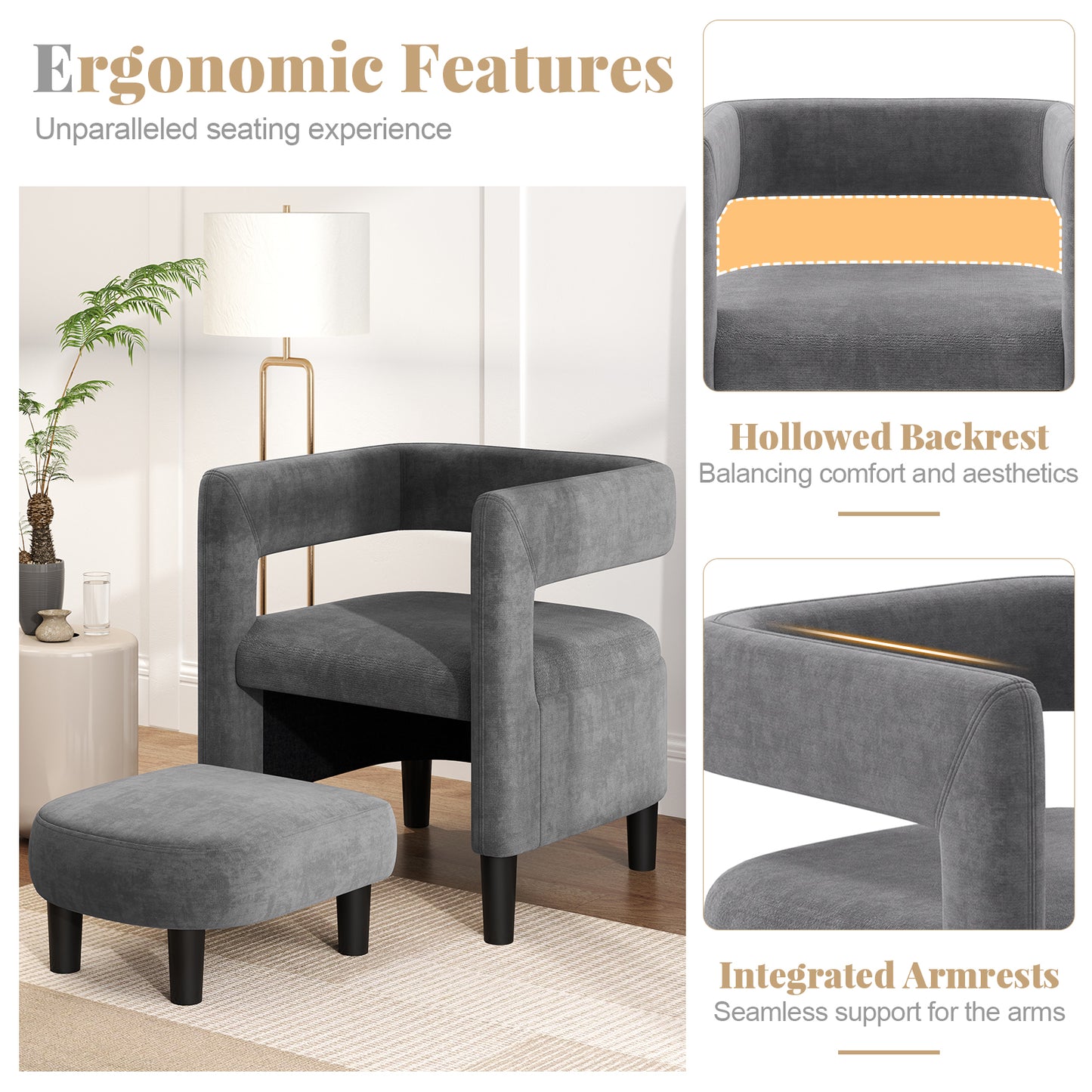 Velvet Accent Chair with Ottoman and Curved Backrest