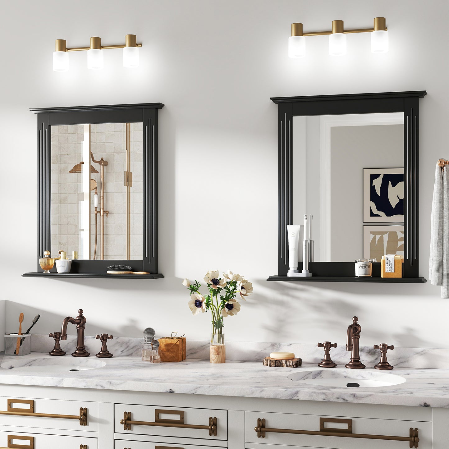 Wall-Mounted Vanity Mirror with Shelf for Storage and Elegant Design - Black