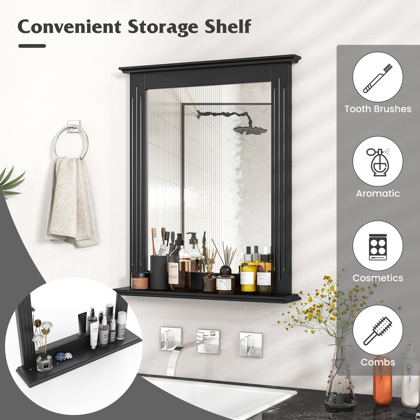Wall-Mounted Vanity Mirror with Shelf for Storage and Elegant Design - Black