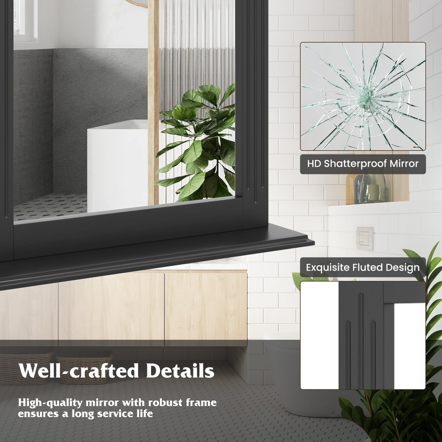 Wall-Mounted Vanity Mirror with Shelf for Storage and Elegant Design - Black
