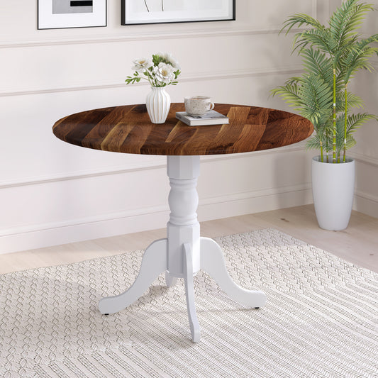 Elegant Round Wooden Dining Table with Curved Trestle Legs in Walnut & White Finish