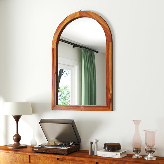 24 x 35 Inch Arched Wall Mirror with Rustic Solid Acacia Wood Frame