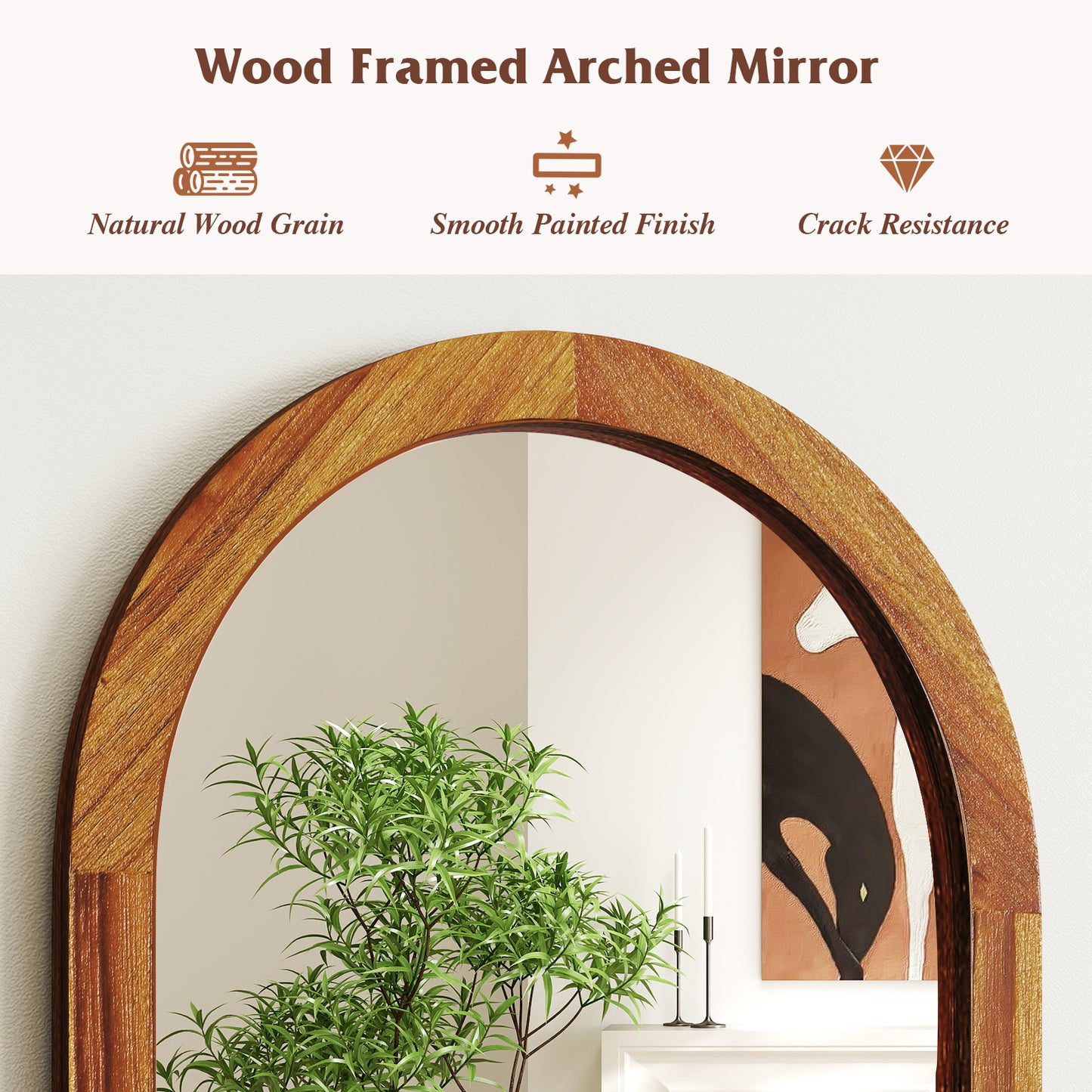 24 x 35 Inch Arched Wall Mirror with Rustic Solid Acacia Wood Frame