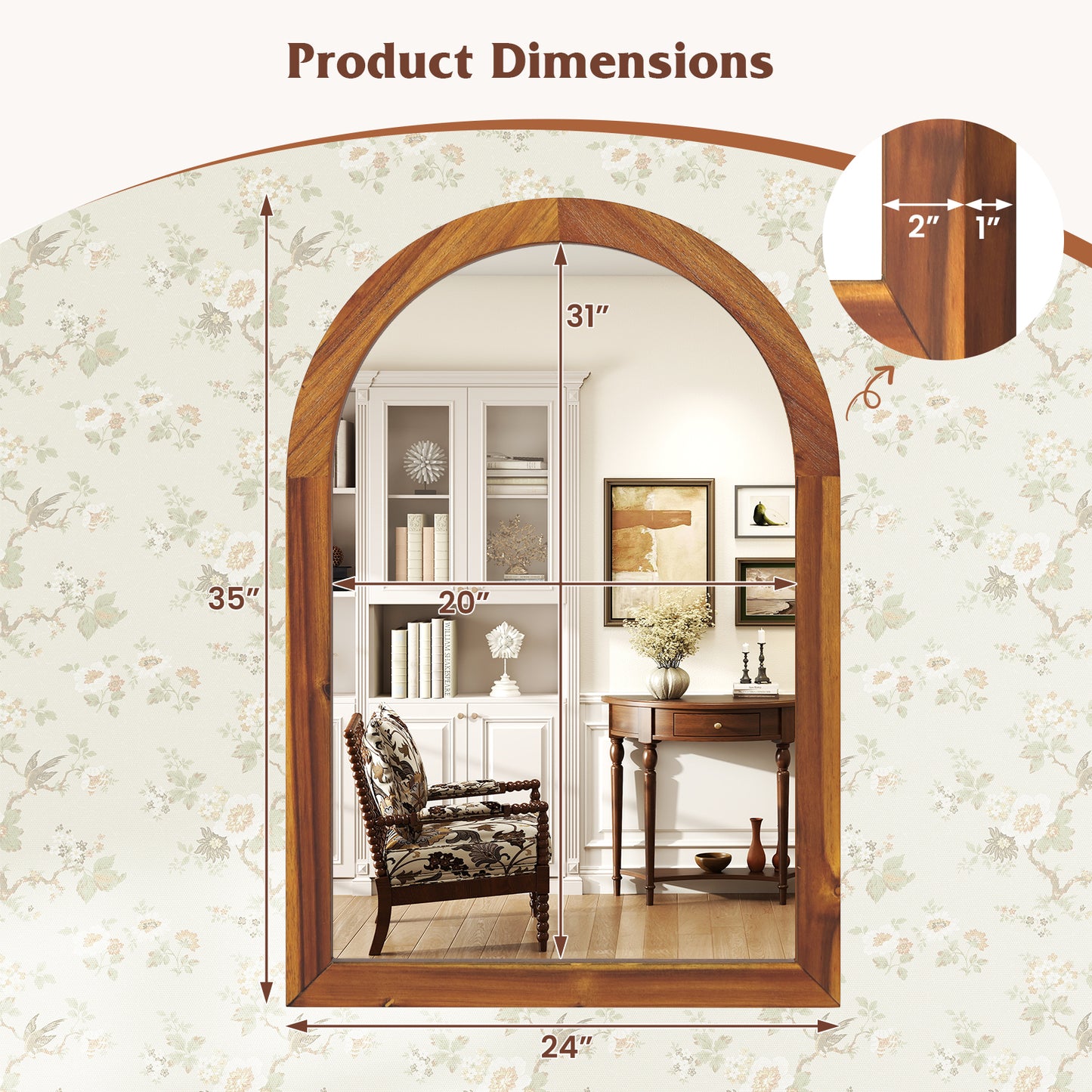 24 x 35 Inch Arched Wall Mirror with Rustic Solid Acacia Wood Frame