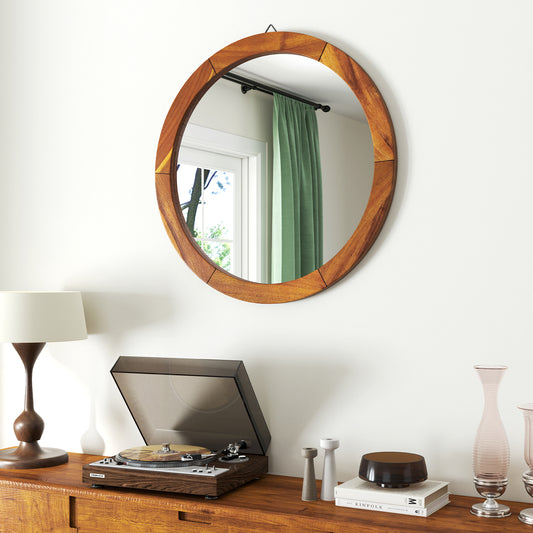 27 Inch Round Rustic Wall Mirror with Solid Acacia Wood Frame