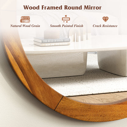 27 Inch Round Rustic Wall Mirror with Solid Acacia Wood Frame
