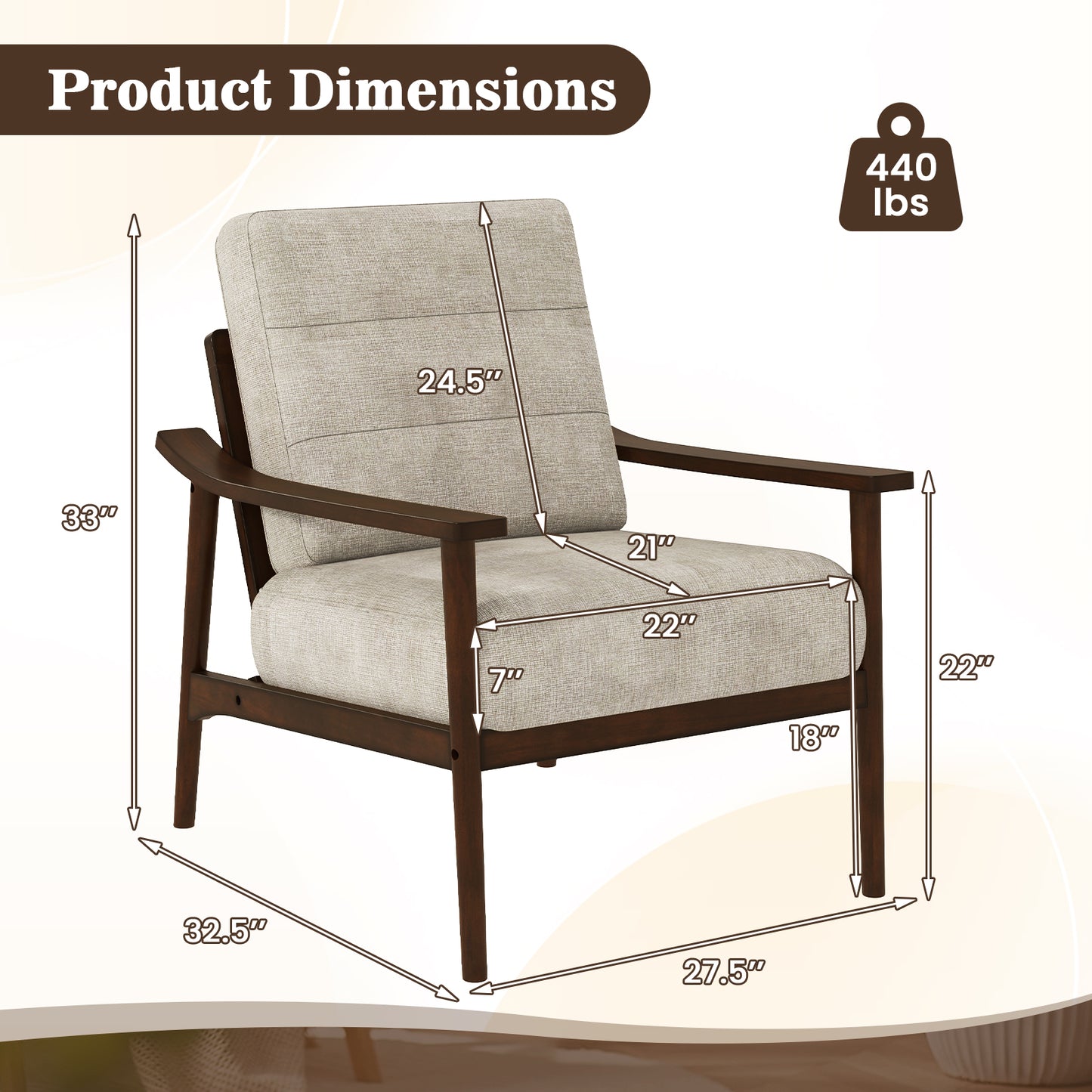 Modern Upholstered Accent Chair with Wooden Armrests and Legs - Brown