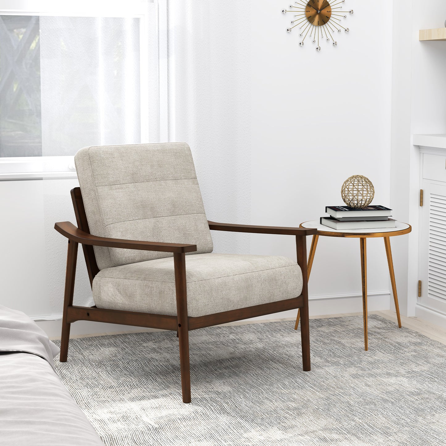 Modern Upholstered Accent Chair with Wooden Armrests and Legs - Brown