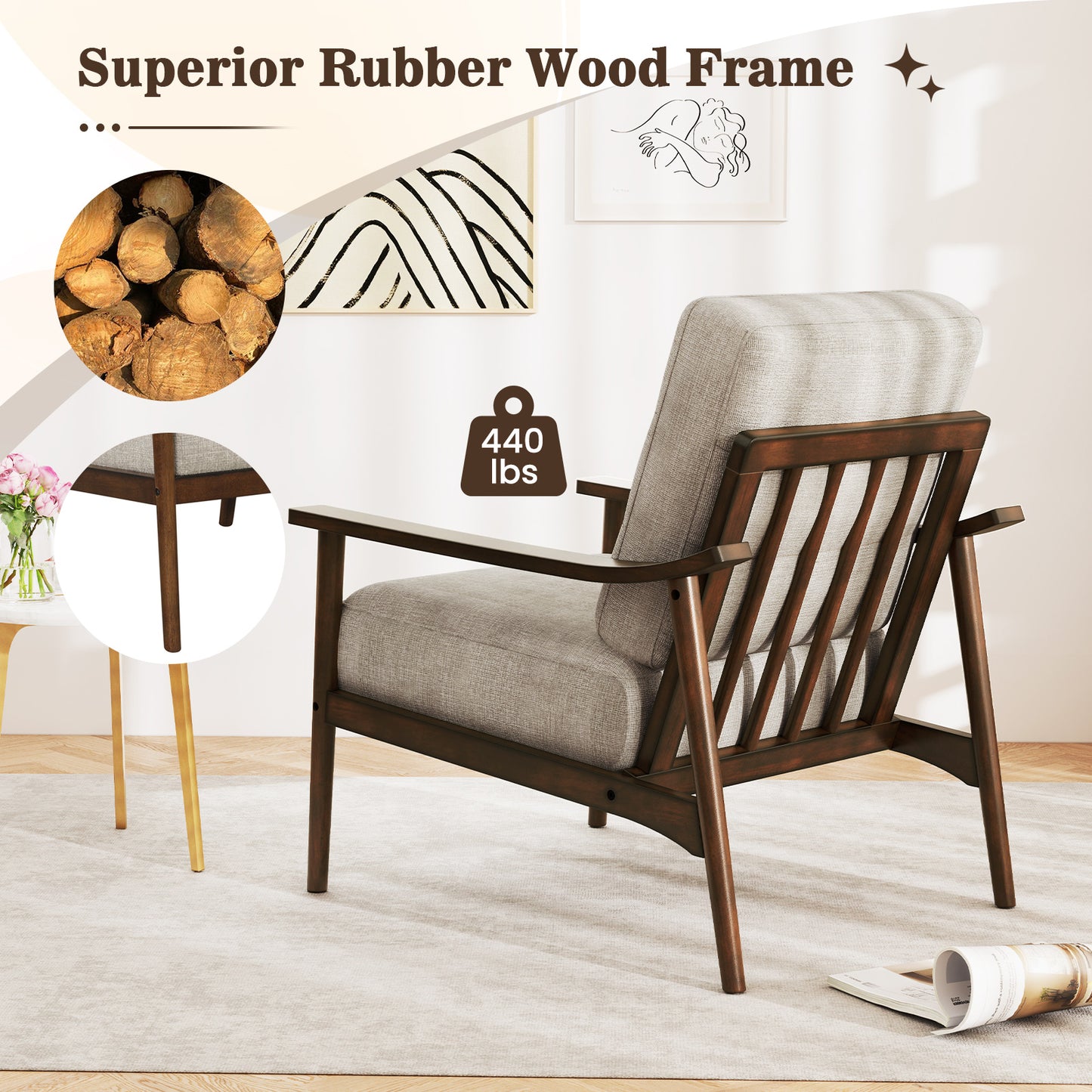 Modern Upholstered Accent Chair with Wooden Armrests and Legs - Brown