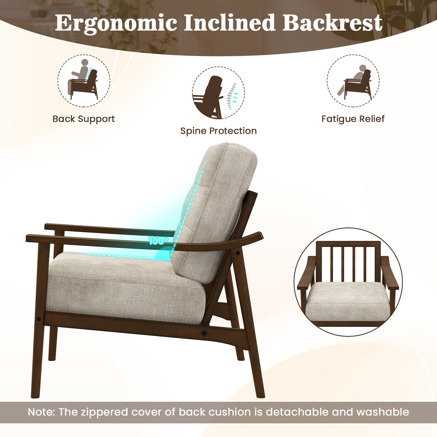 Modern Upholstered Accent Chair with Wooden Armrests and Legs - Brown