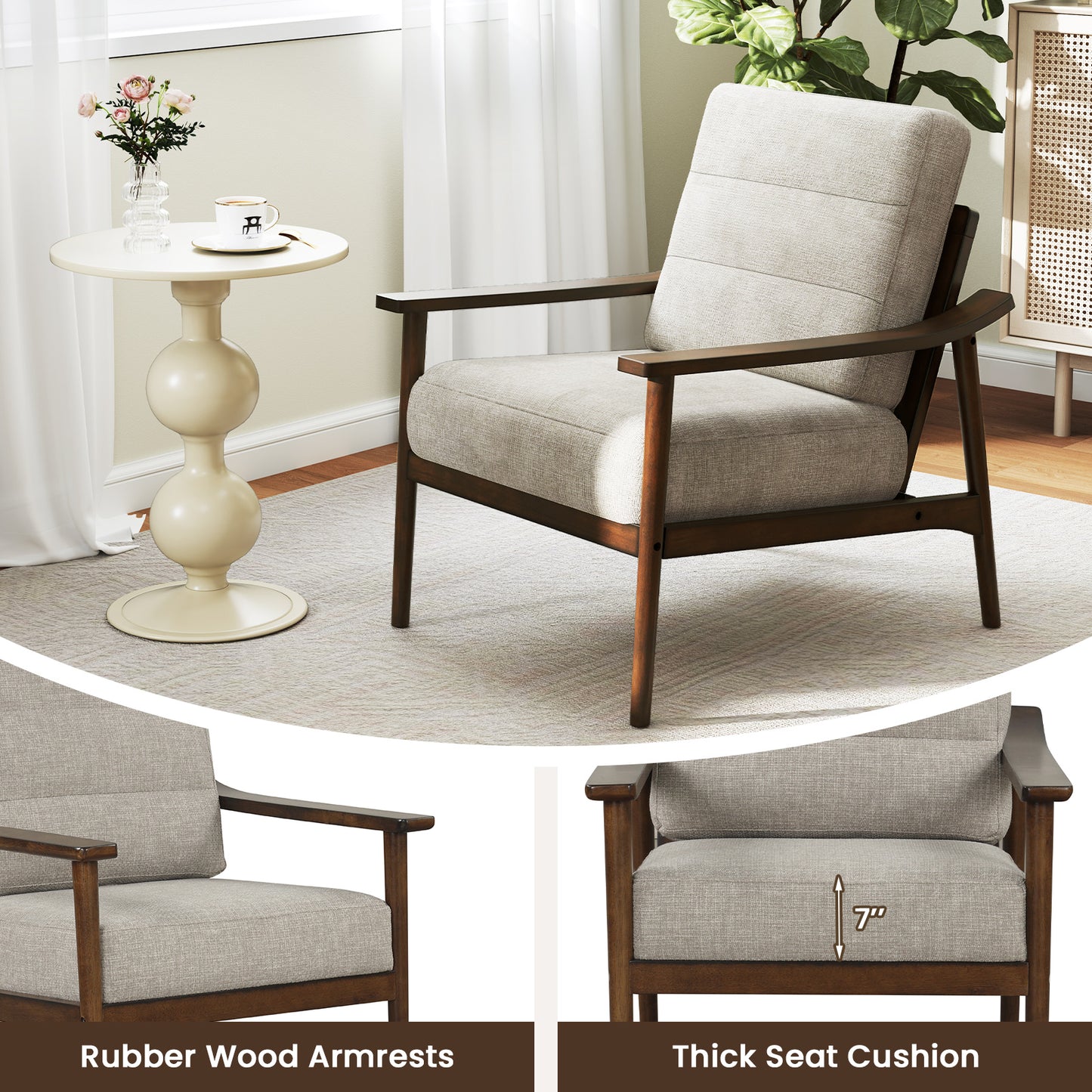 Modern Upholstered Accent Chair with Wooden Armrests and Legs - Brown