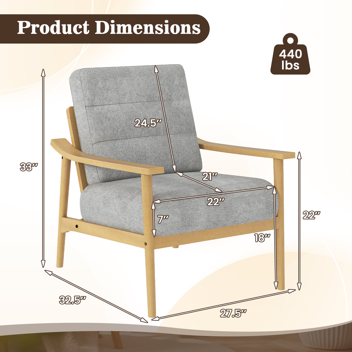 Modern Upholstered Accent Chair with Wooden Armrests and Legs - Natural