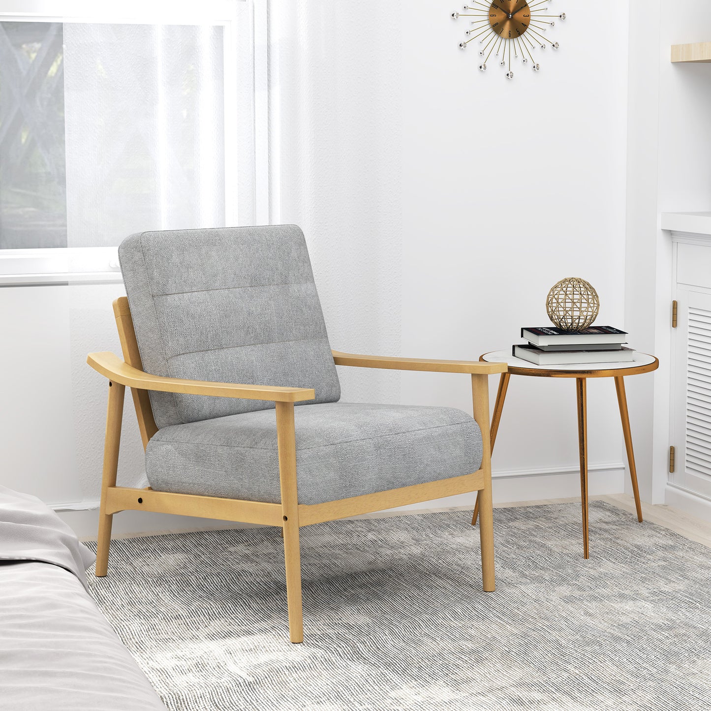 Modern Upholstered Accent Chair with Wooden Armrests and Legs - Natural