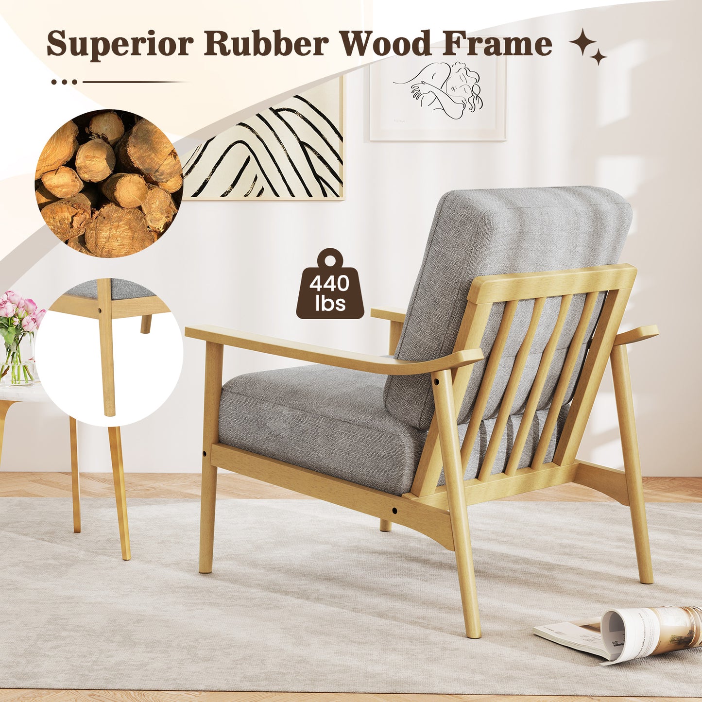 Modern Upholstered Accent Chair with Wooden Armrests and Legs - Natural