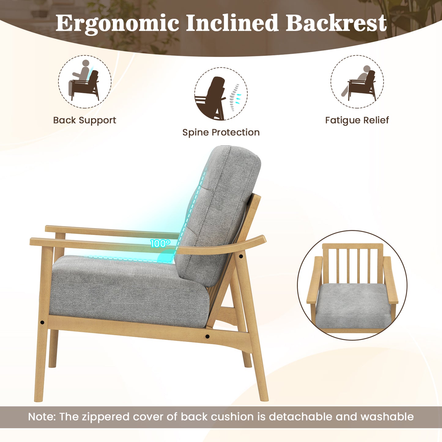 Modern Upholstered Accent Chair with Wooden Armrests and Legs - Natural