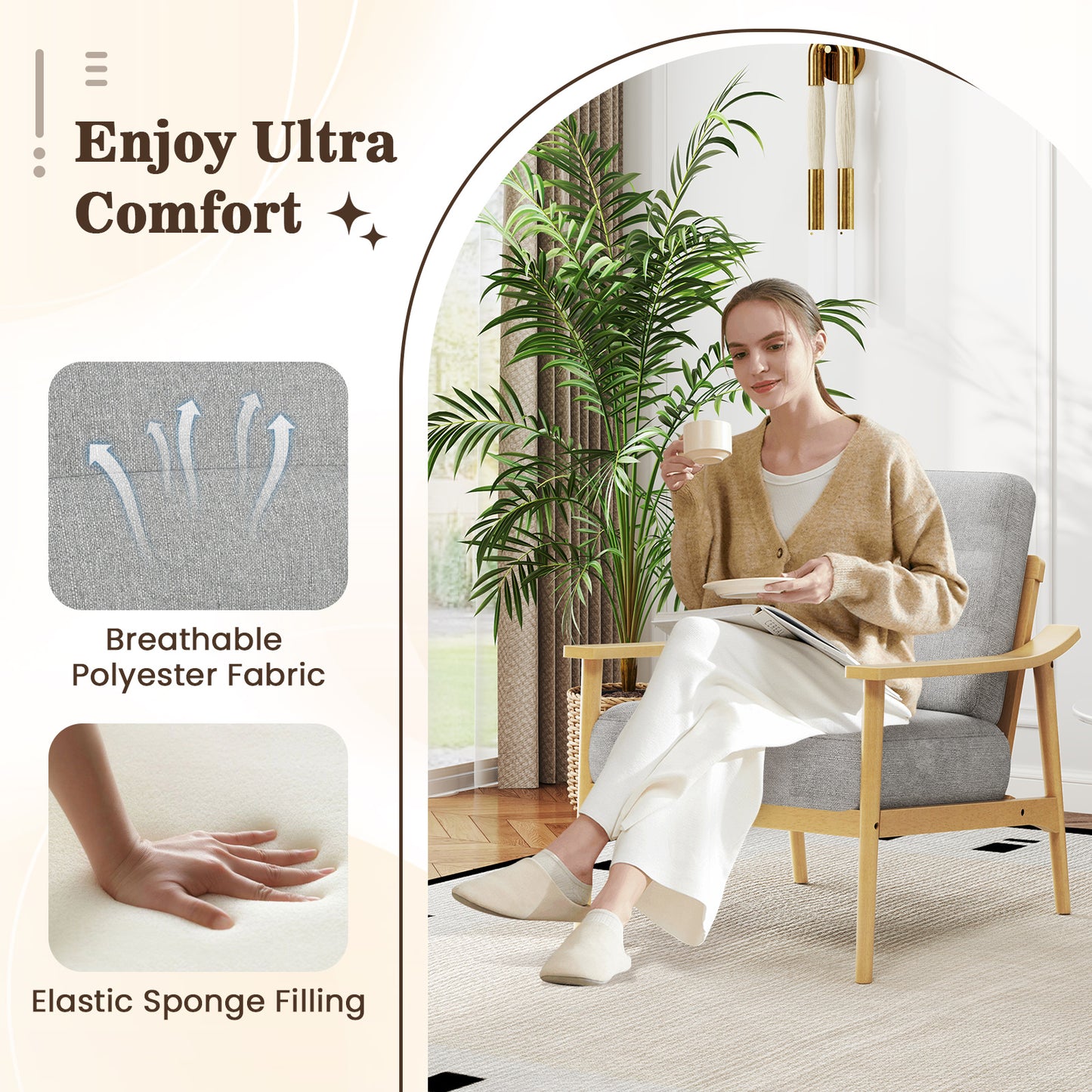 Modern Upholstered Accent Chair with Wooden Armrests and Legs - Natural
