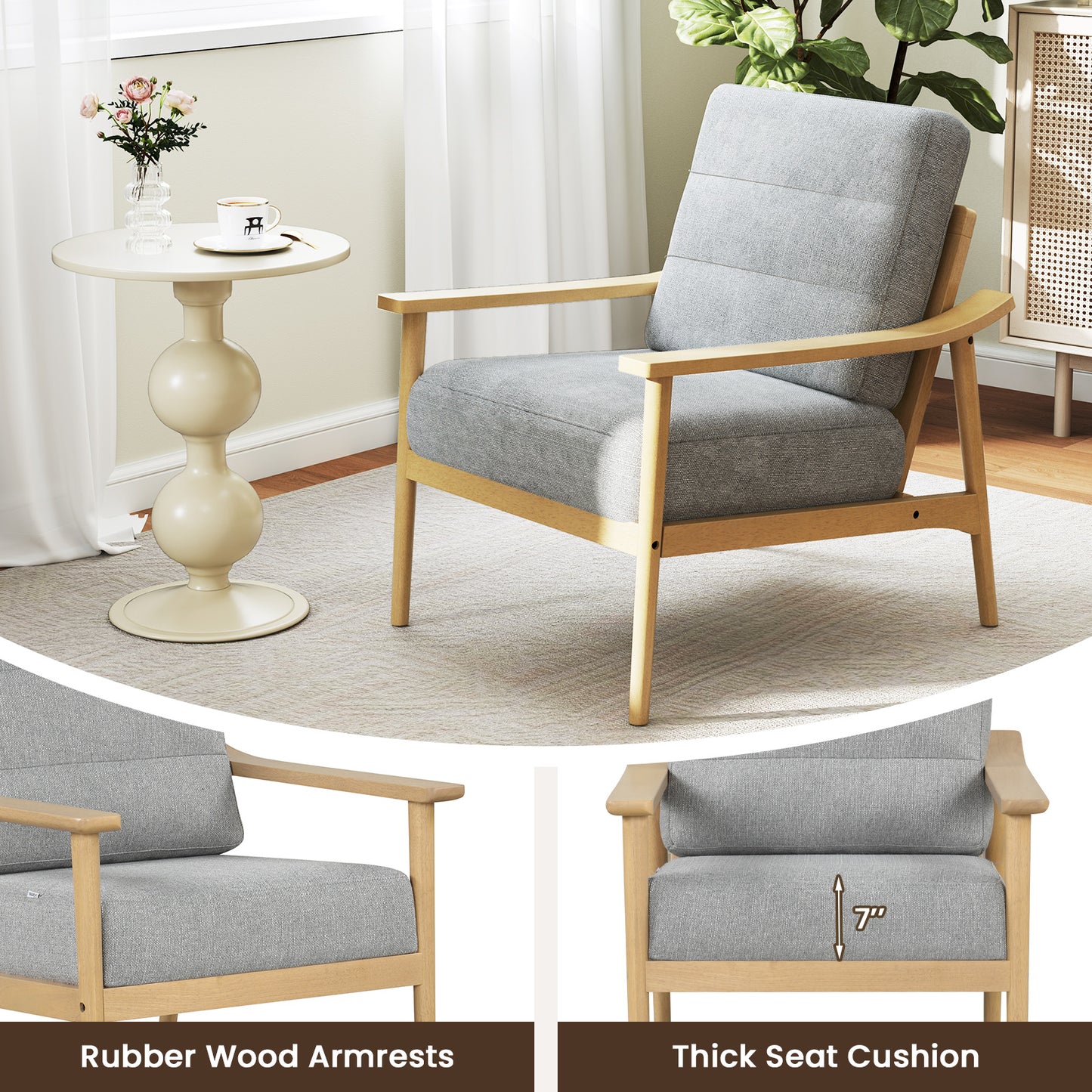 Modern Upholstered Accent Chair with Wooden Armrests and Legs - Natural