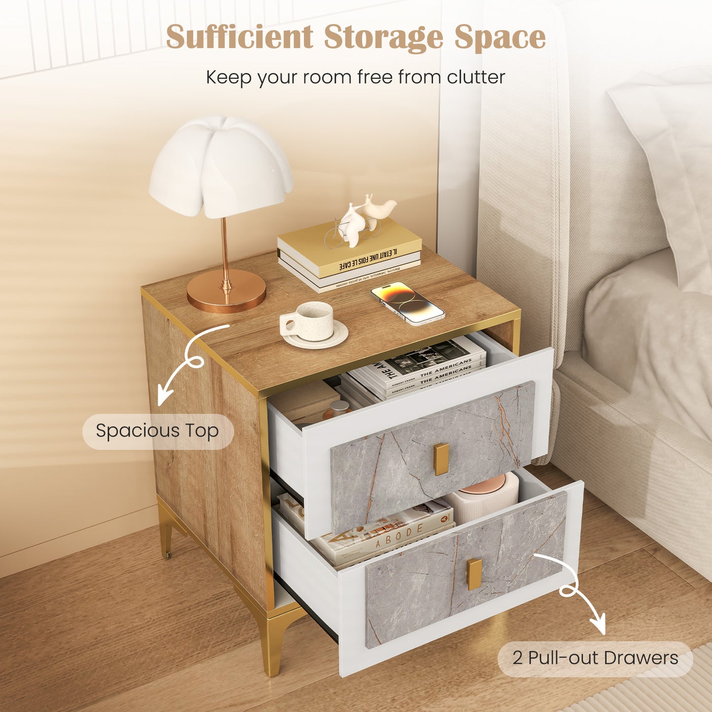 Modern Nightstand with 2 Pull-Out Drawers for Bedroom or Living Room Storage