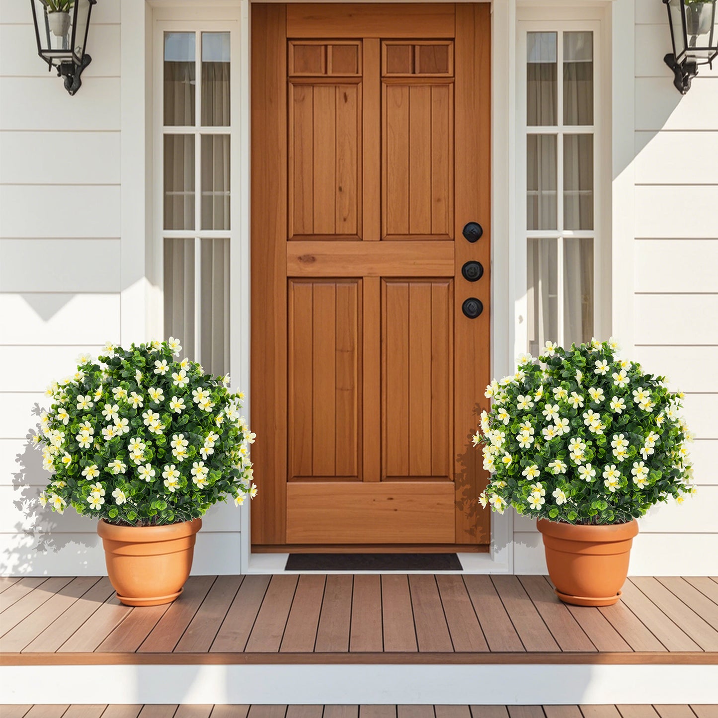 Set of 2 Artificial Boxwood Topiary Ball Trees with Vibrant Flowers – Faux Shrubs for Indoor & Outdoor Décor