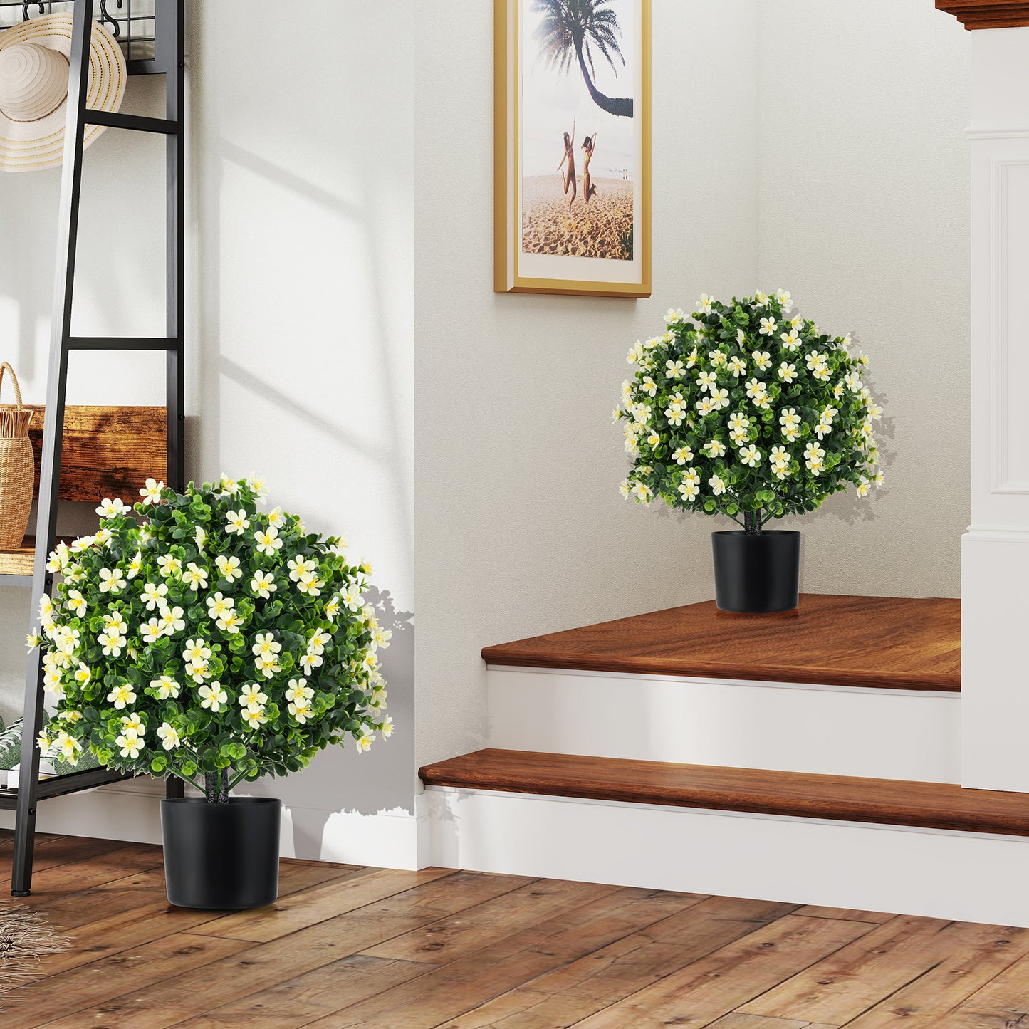 Set of 2 Artificial Boxwood Topiary Ball Trees with Vibrant Flowers – Faux Shrubs for Indoor & Outdoor Décor