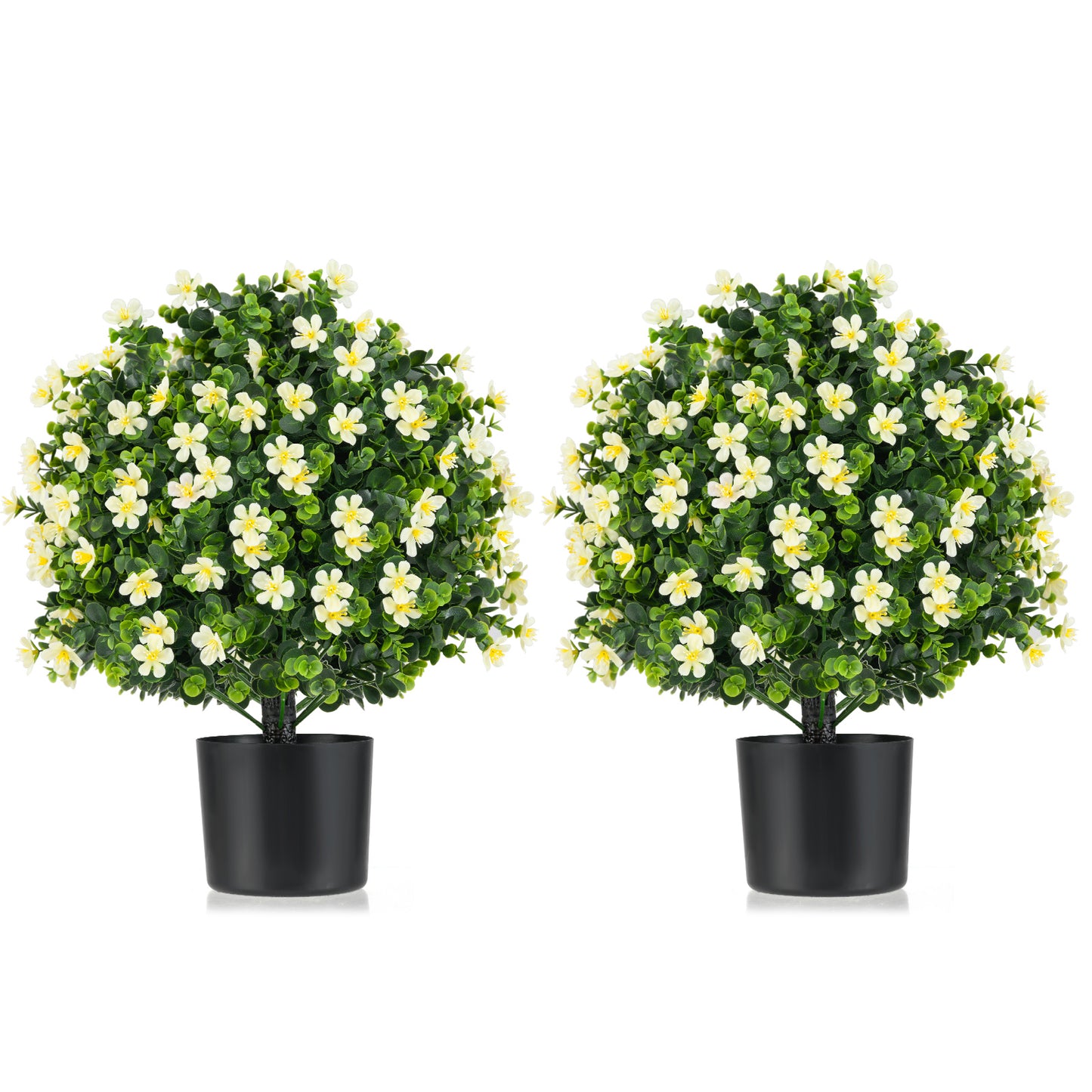 Set of 2 Artificial Boxwood Topiary Ball Trees with Vibrant Flowers – Faux Shrubs for Indoor & Outdoor Décor