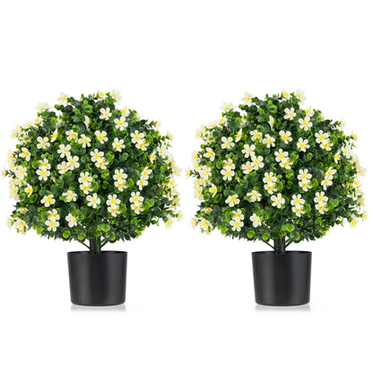 Set of 2 Artificial Boxwood Topiary Ball Trees with Vibrant Flowers – Faux Shrubs for Indoor & Outdoor Décor