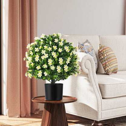 Set of 2 Artificial Boxwood Topiary Ball Trees with Vibrant Flowers – Faux Shrubs for Indoor & Outdoor Décor