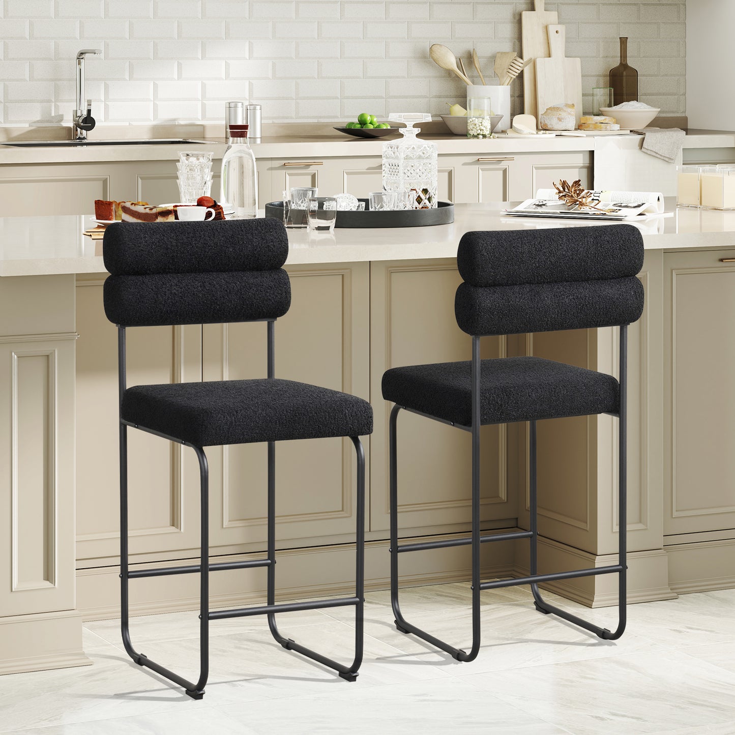 Counter Height Bar Stools Set of 2 with Metal Frame and Comfortable Footrest – 26 Inch, Black