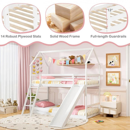 Playful Twin Over Twin House Bunk Bed with Fun Slide, Ladder, and Guardrails