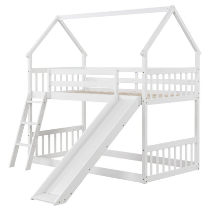 Playful Twin Over Twin House Bunk Bed with Fun Slide, Ladder, and Guardrails
