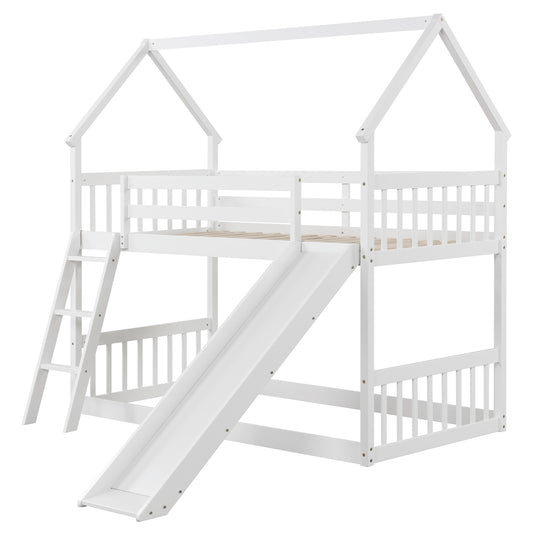 Playful Twin Over Twin House Bunk Bed with Fun Slide, Ladder, and Guardrails