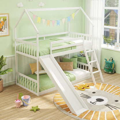 Playful Twin Over Twin House Bunk Bed with Fun Slide, Ladder, and Guardrails