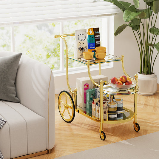 Elegant Bar Cart with Mirrored Glass Shelves Three Tier Rolling Serving Cart - Golden