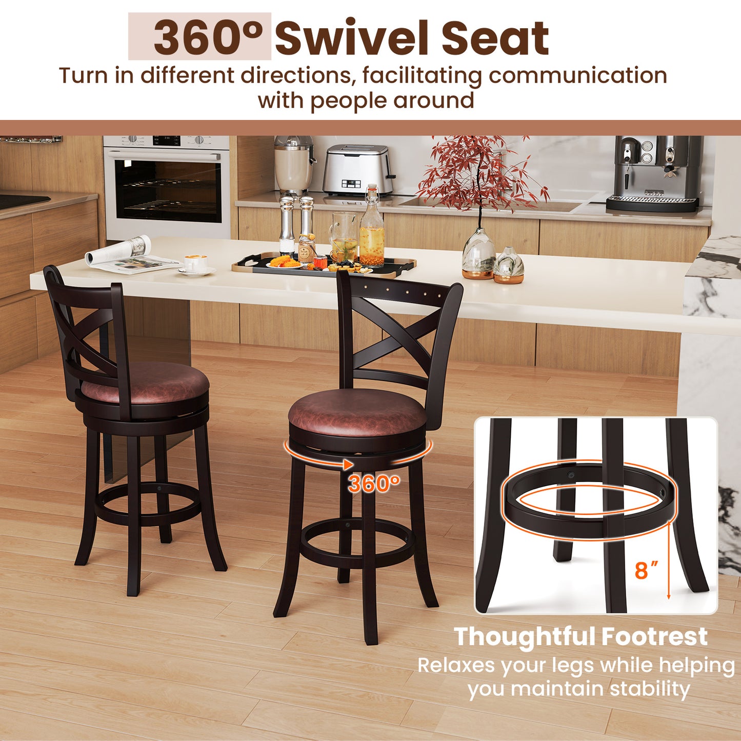 Modern Bar Stools Set of 2 with Padded Seats and 360° Swivel Counter Height Chairs - 26 Inch