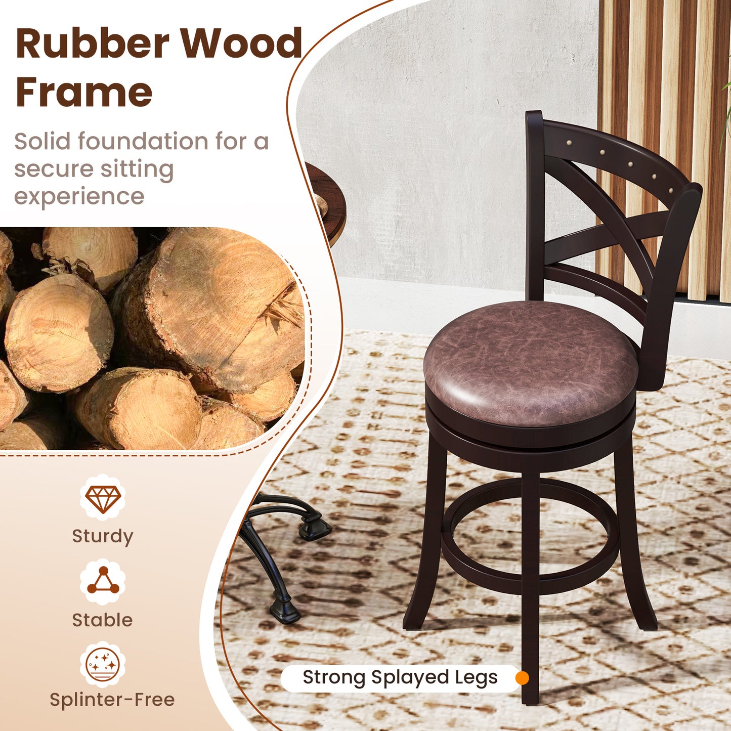 Modern Bar Stools Set of 2 with Padded Seats and 360° Swivel Counter Height Chairs - 26 Inch